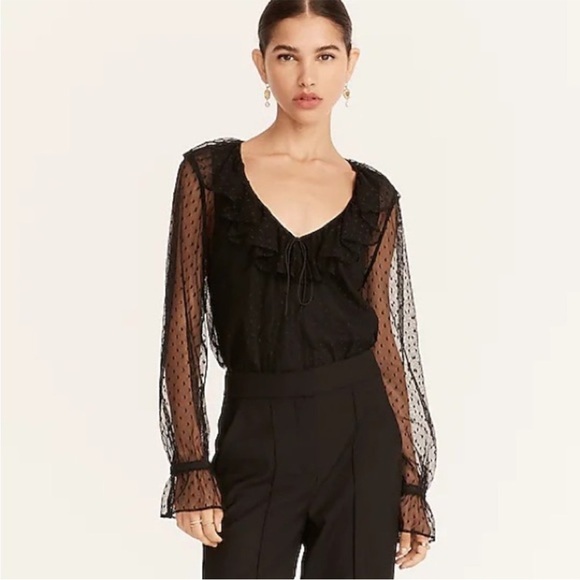 NWT J.Crew Ruffleneck top in clip dot black sheer sleeves BD756 size XS - Picture 3 of 15